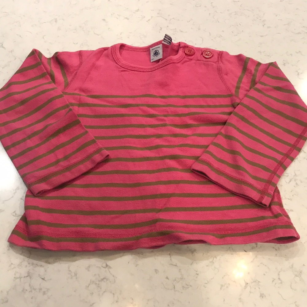 Petite Bateau Pink and Green Striped Long Sleeve Cotton Top - Size 6